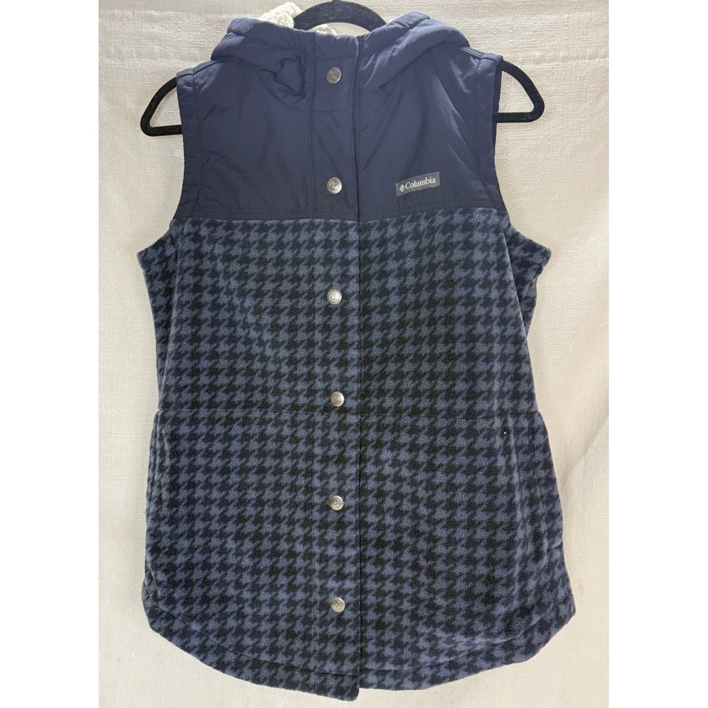 Columbia Women's Size Medium Navy Blue Hooded Houndstooth Vest Fleece Lined